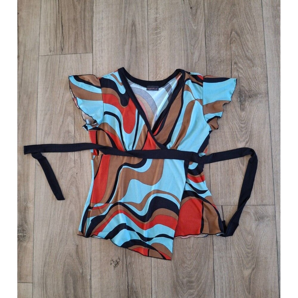 Tempted Hearts Women’s Y2K Turquoise Brown Black VNeck Tunic Top Blouse Size M